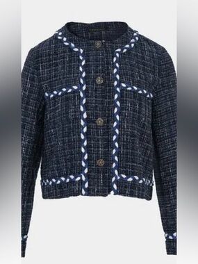 Navy Tweed Jacket Contrasting White & Blue Braided Trim Preppy